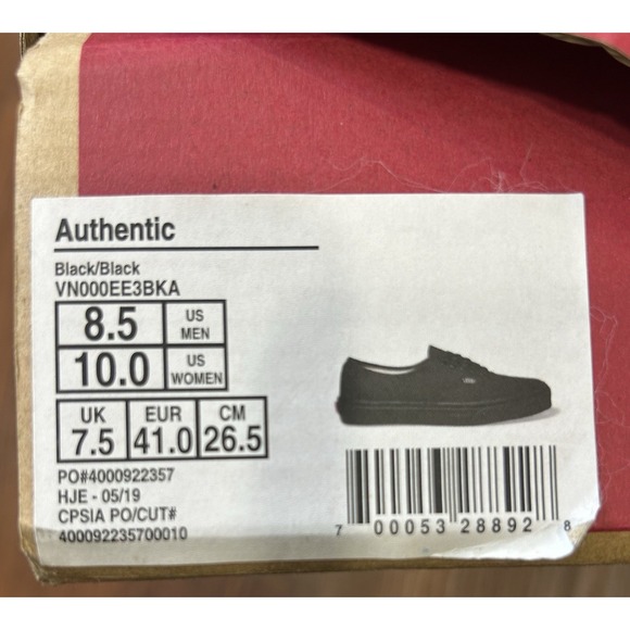 Vans Authentic Black Shoes Unisex Mens 8.5 Womens 10 New In Box